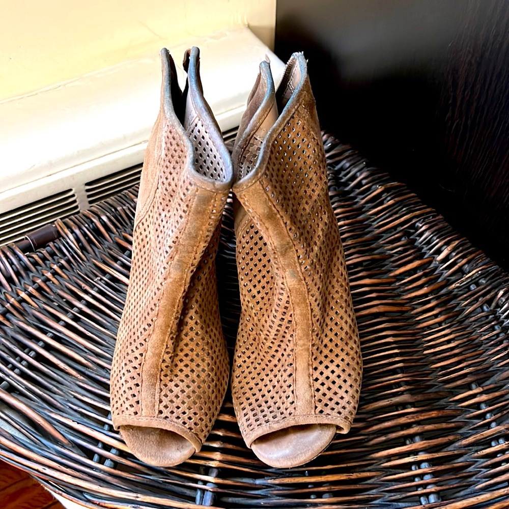 Tan Perforated Suede Peep Toe Wedge Shoes